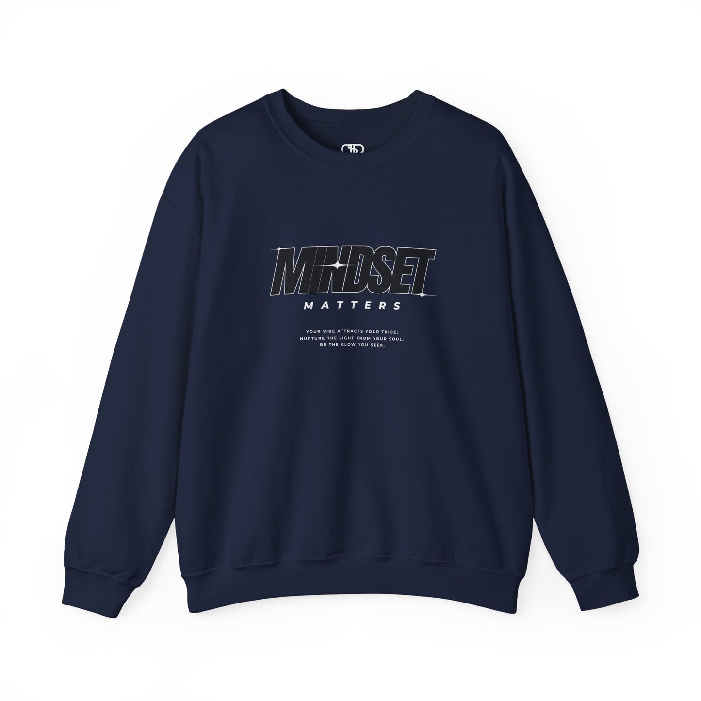 A Navy Blue sweater "Mindset Matters" text with stars on a sweater, inspirational quote below the main quote. 