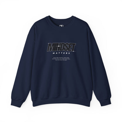 A Navy Blue sweater "Mindset Matters" text with stars on a sweater, inspirational quote below the main quote. 