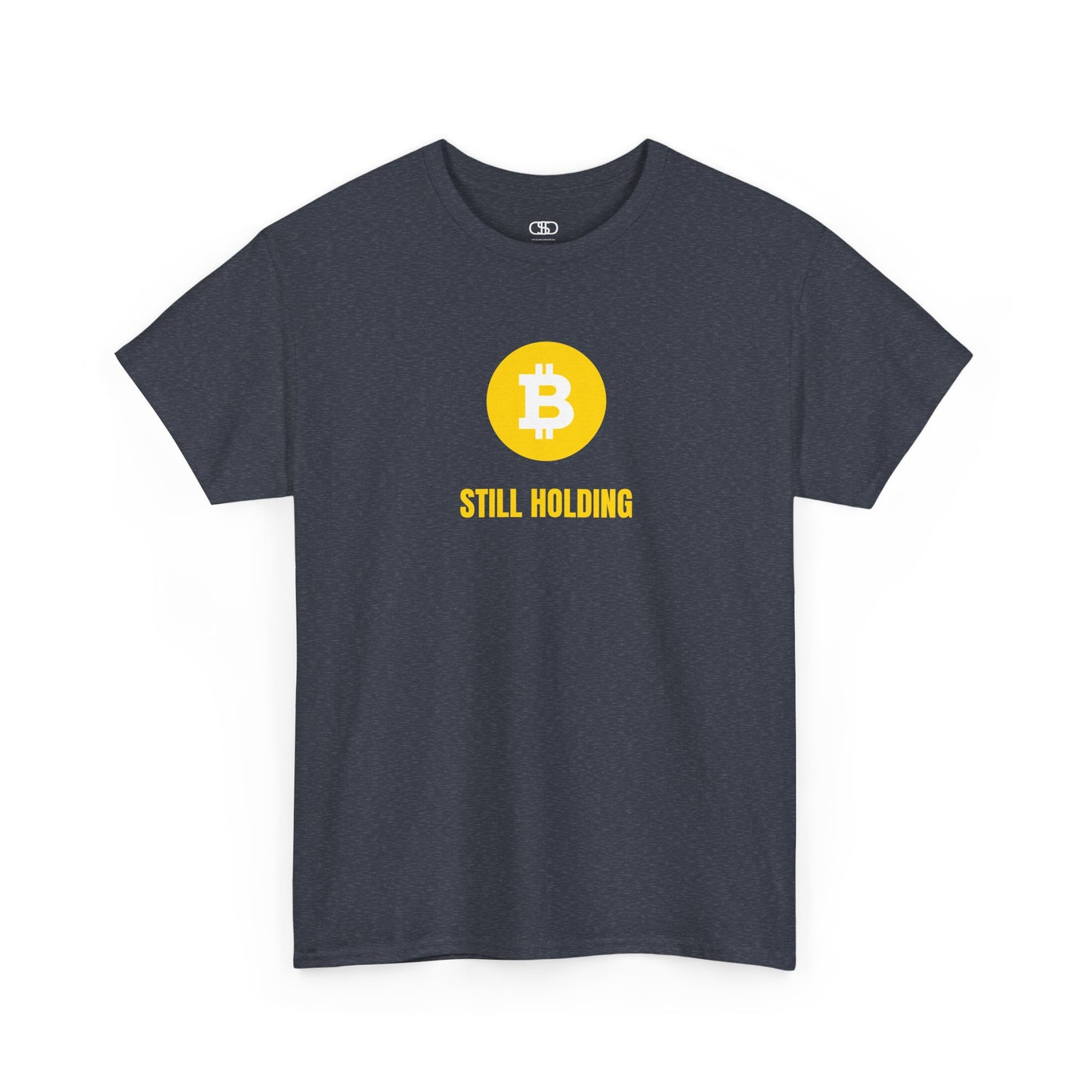 A heather gray  T-shirt with a Bitcoin emblem and "Still Holding" text in gold.