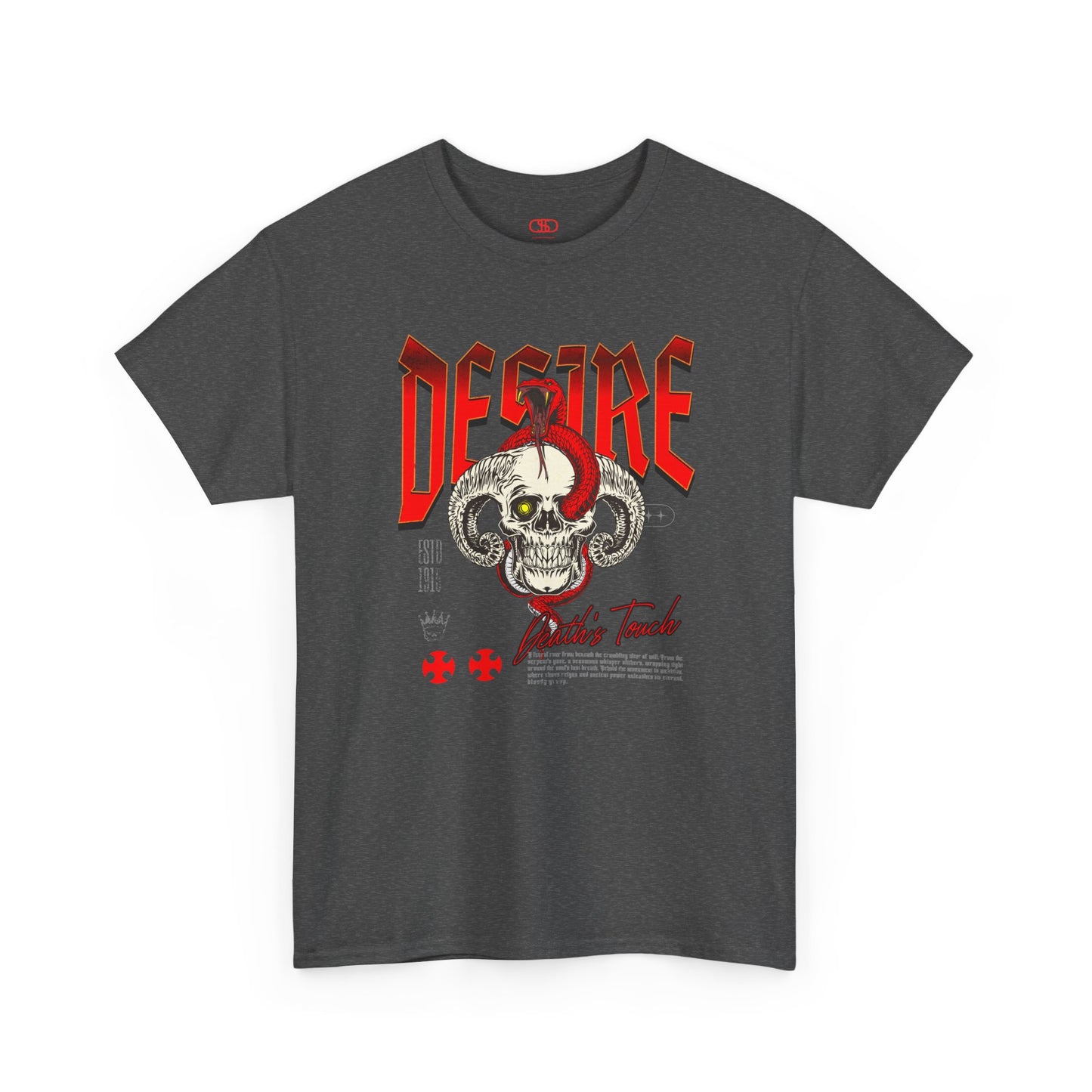 A ark heather gray t-shirt featuring a Horned skull with glowing eye and red snake wrapped around it, "Desire Death's Touch" text, gothic t-shirt design.