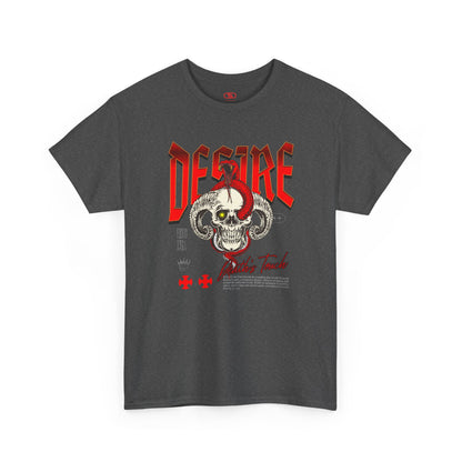 A ark heather gray t-shirt featuring a Horned skull with glowing eye and red snake wrapped around it, "Desire Death's Touch" text, gothic t-shirt design.