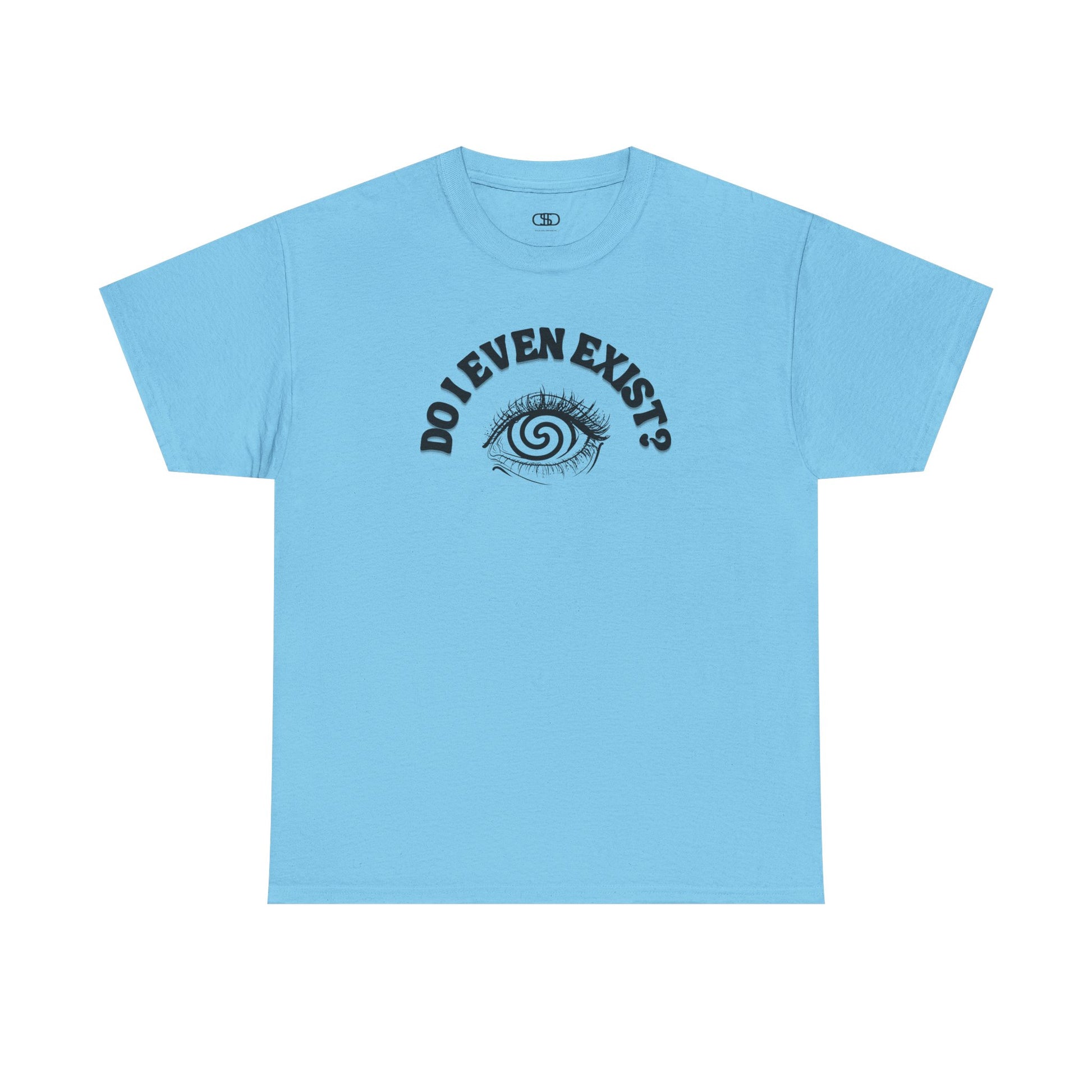 Light Blue T-shirt with an eyeball and a mind-bending optical illusion and the text "Do I even exist?