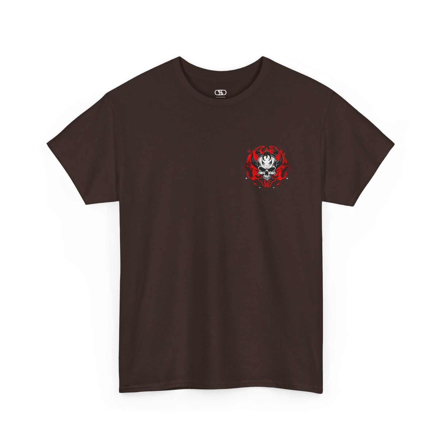 A dark brown t-shirt with a gothic skull design, red ghostly aura, and "Ego Death" text for spiritual rebirth.