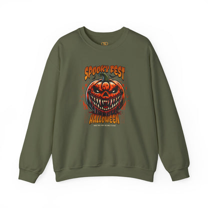 A heather military green sweater featuring a Scary fanged jack-o'-lantern with "Spooky Fest Halloween Your Soul Now Belongs To Me!" text, orange and black horror sweatshirt.