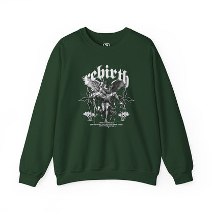 A forest green Sweater featuring an Angel carrying a figure with "Rebirth" text, white and black gothic spiritual art apparel.