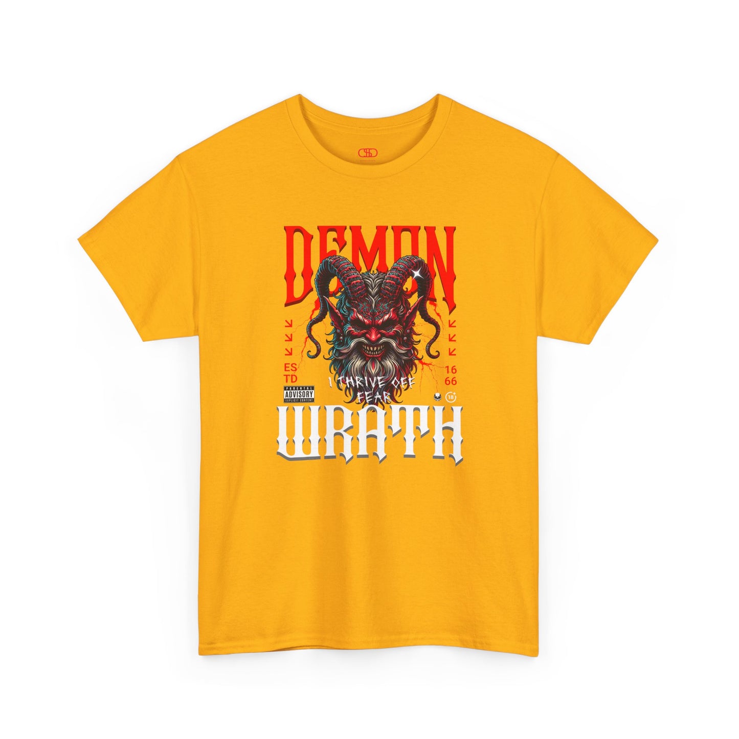 A gold t-shirt featuring a Red horned demon head with "Demon Wrath" text and lightning, gothic horror t-shirt design