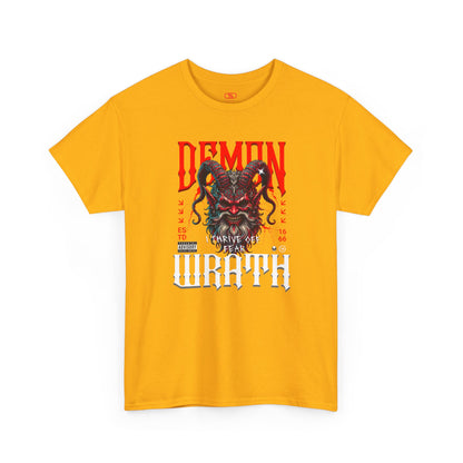 A gold t-shirt featuring a Red horned demon head with "Demon Wrath" text and lightning, gothic horror t-shirt design