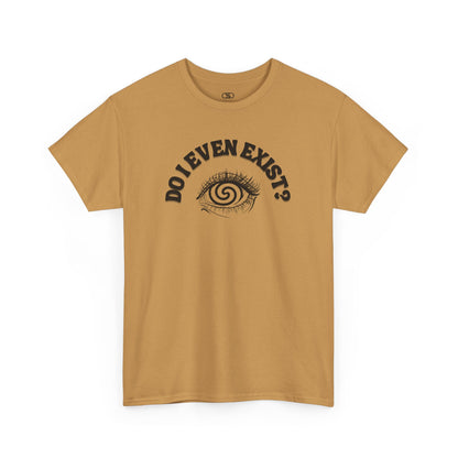 T-shirt with an eyeball and a mind-bending optical illusion and the text "Do I even exist?"