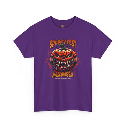 A purple t-shirt featuring a Scary fanged jack-o'-lantern with "Spooky Fest Halloween Your Soul Now Belongs To Me!" text, orange and black horror t-shirt.