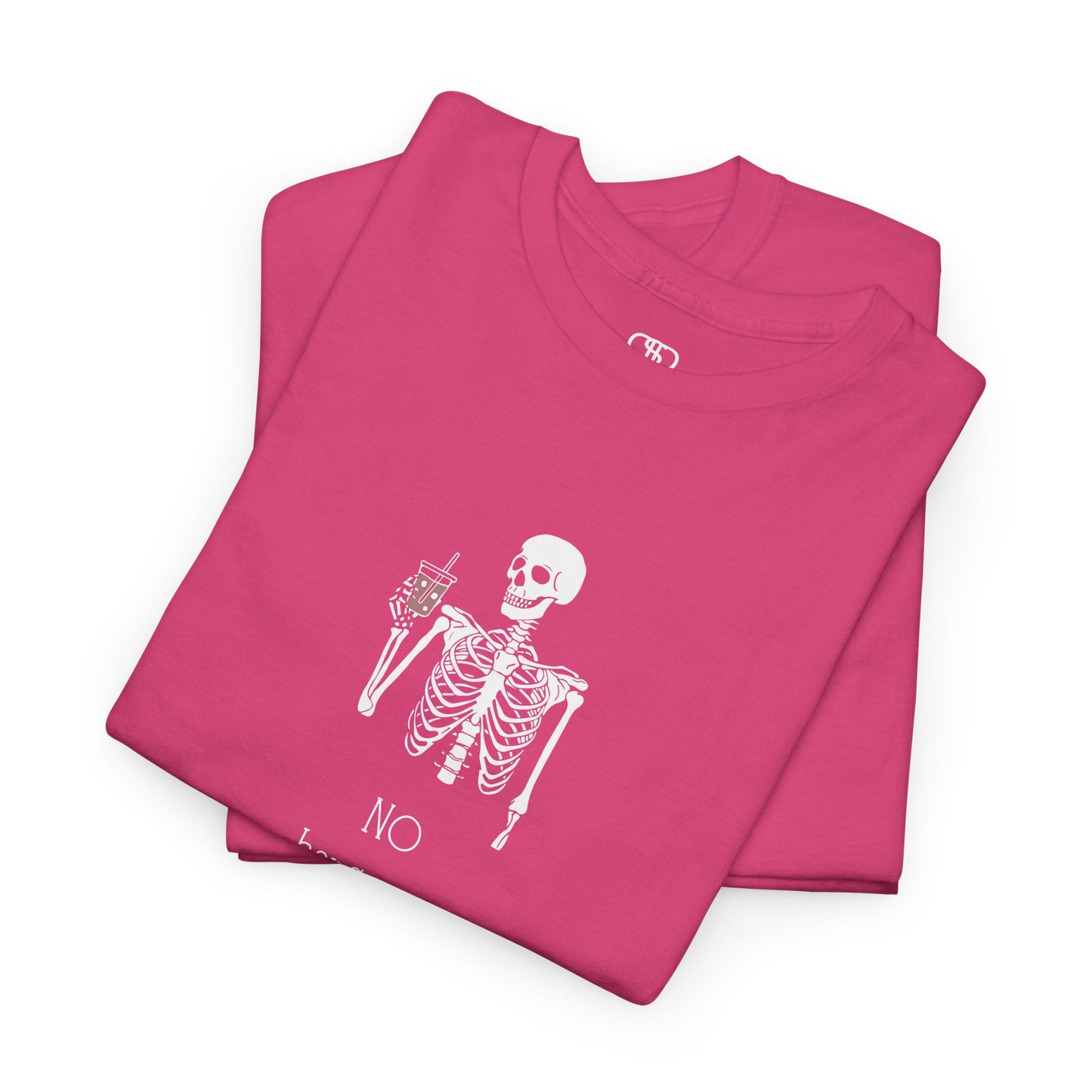 A folded pink  T-shirt with a skeleton holding a drink graphic and "No Hangovers" text.