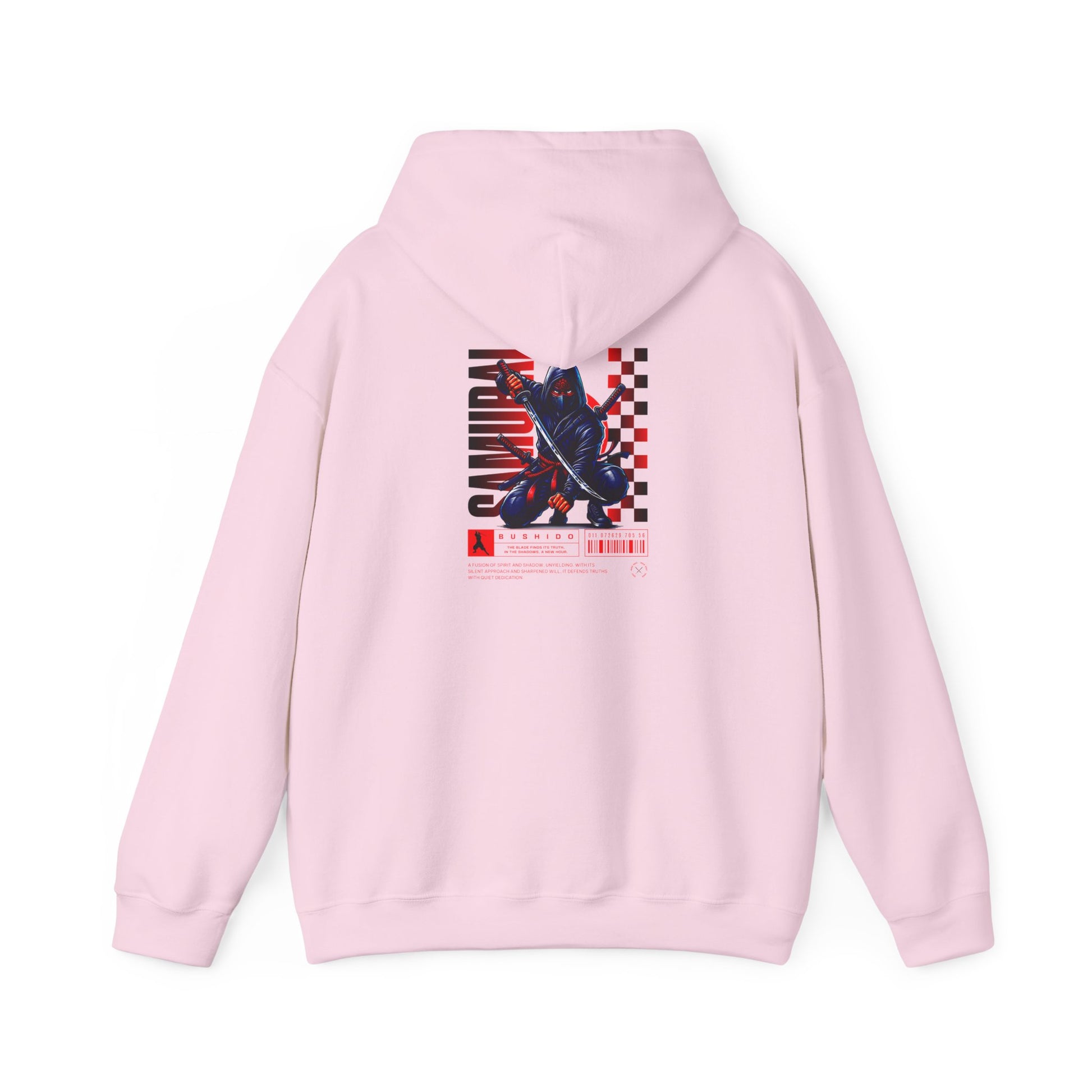 A light pink hoodie featuring a Crouching ninja with two katanas and "Bushido" text, red and black Japanese-inspired hoodie design.