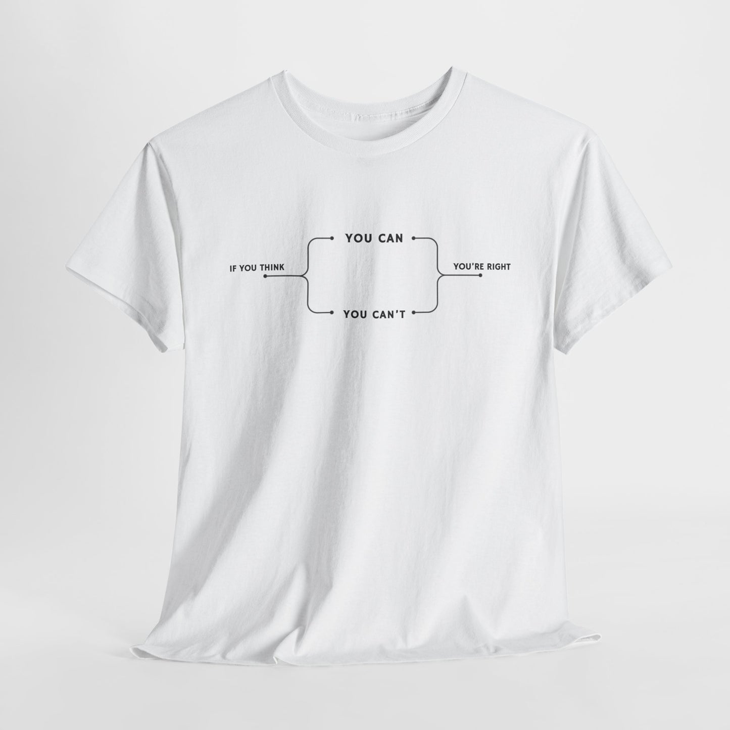  A t-shirt with a motivational flowchart design. It starts with "If you think..." which leads via arrows to two paths, "You can" and "You can't." Both paths converge at the bottom with the concluding phrase, "you are right."