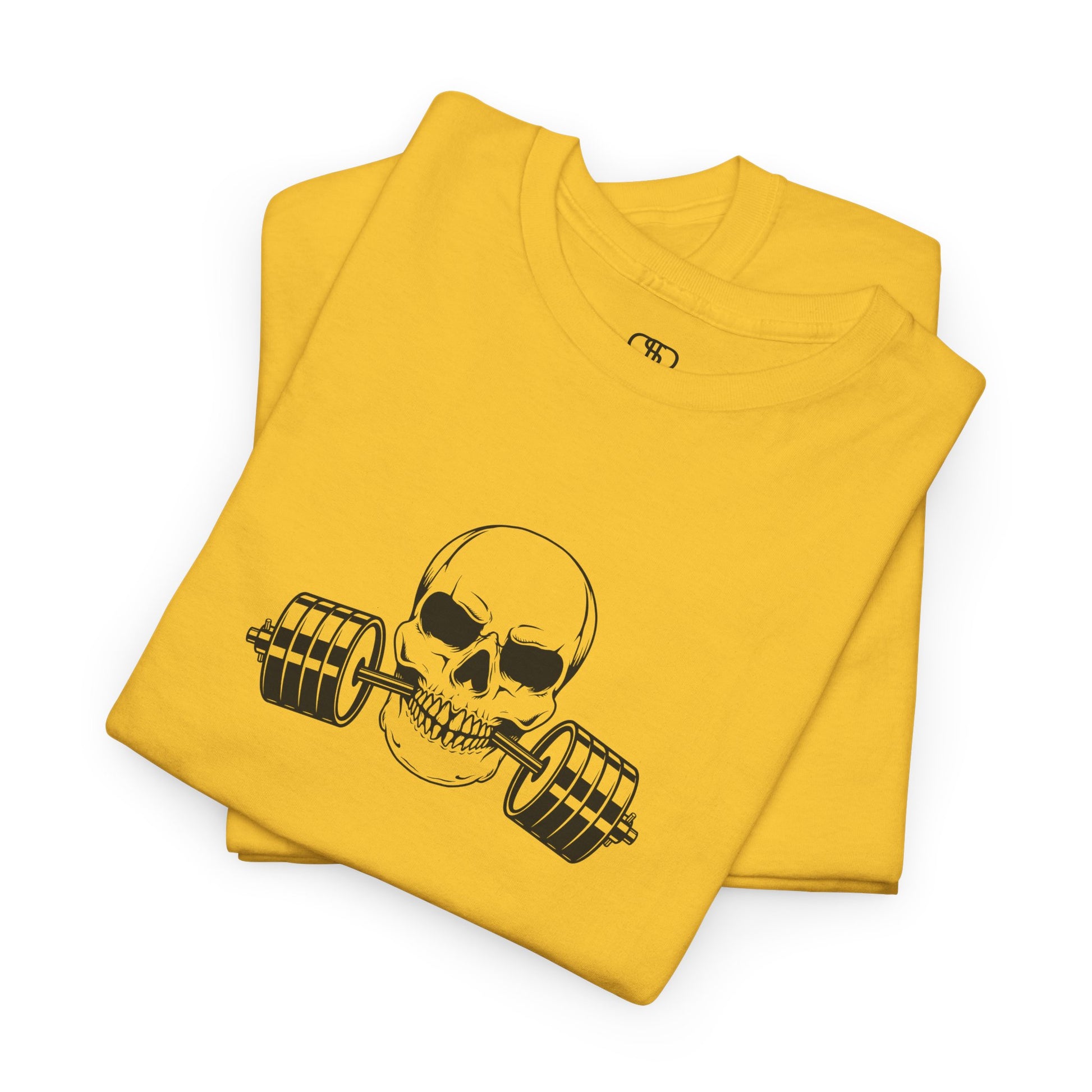 A folded daisy colored t-shirt featuring a skeleton biting a barbell