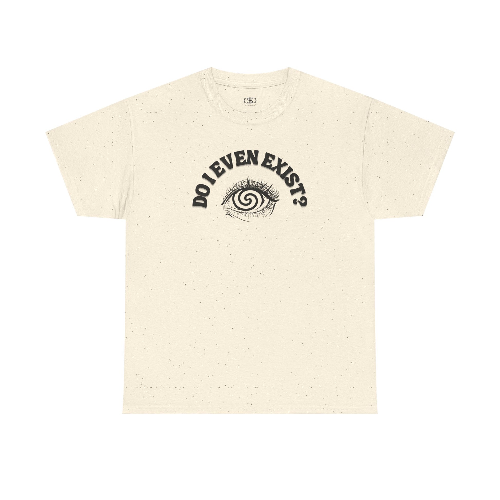 T-shirt with an eyeball and a mind-bending optical illusion and the text "Do I even exist?"