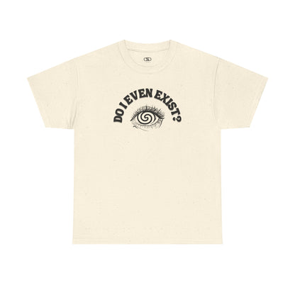 T-shirt with an eyeball and a mind-bending optical illusion and the text "Do I even exist?"