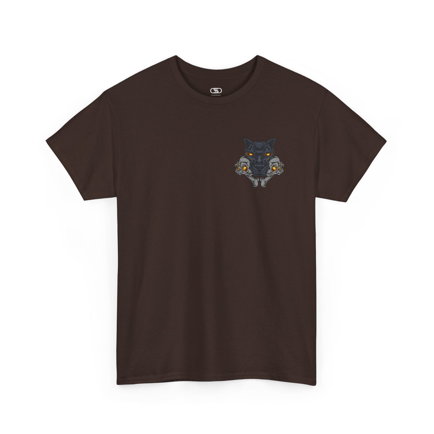 A dark brown T-shirt with a daring dog graphic biting two skulls, all with glowing molten lava-like eyes.