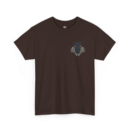 A dark brown T-shirt with a daring dog graphic biting two skulls, all with glowing molten lava-like eyes.