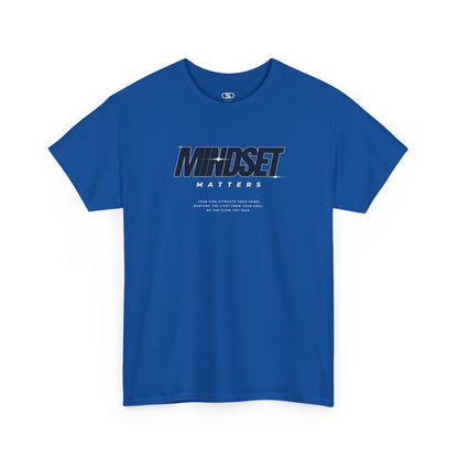 A royal blue T-shirt featuring text stating "Mindset Matters" text with stars on a t-shirt, inspirational quote below.
