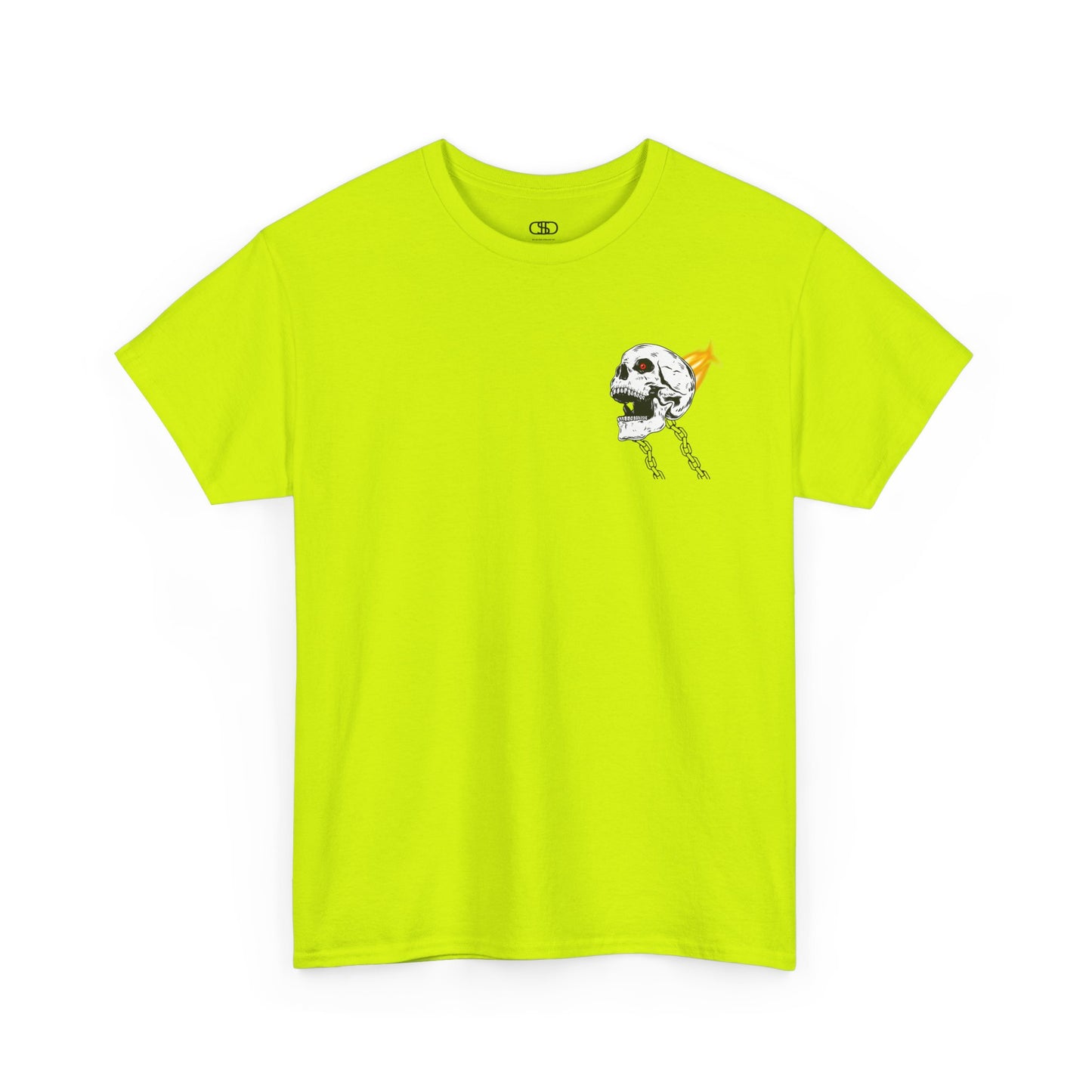 A safety green T-shirt with a daring skeleton graphic, red glowing eye, chains forming wings, and a flame background