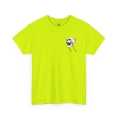 A safety green T-shirt with a daring skeleton graphic, red glowing eye, chains forming wings, and a flame background