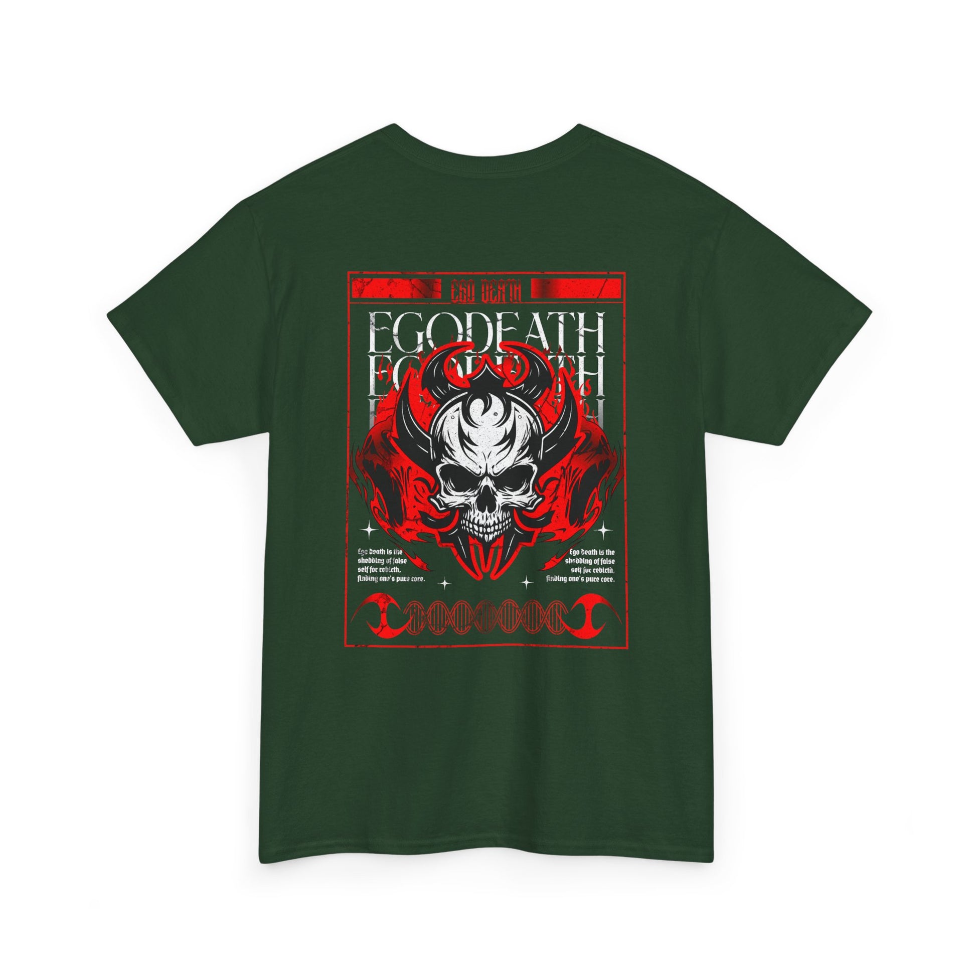 A forest green t-shirt with a gothic skull design, red ghostly aura, and "Ego Death" text for spiritual rebirth.