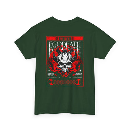 A forest green t-shirt with a gothic skull design, red ghostly aura, and "Ego Death" text for spiritual rebirth.