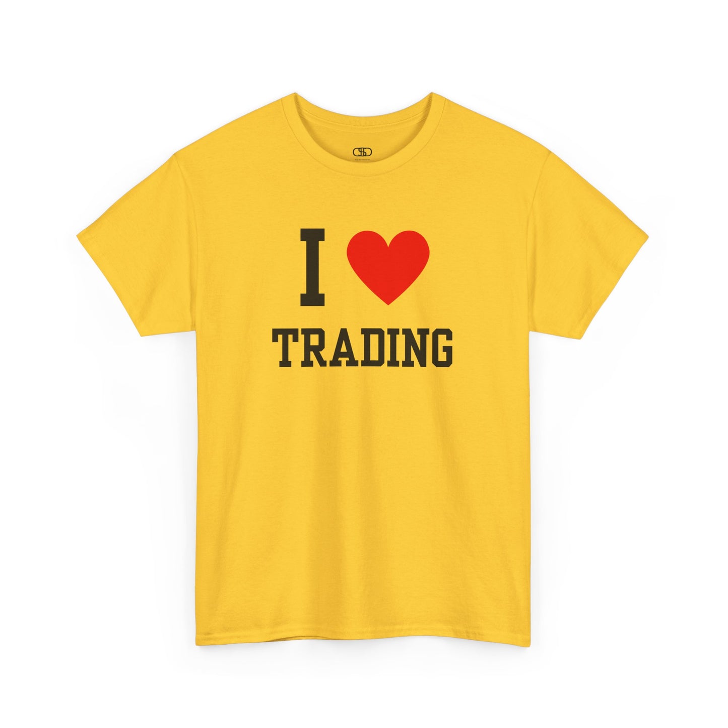 A minimalist t-shirt featuring the "I Love  design with the text "I," a red heart symbol, and the word "Trading" underneath.