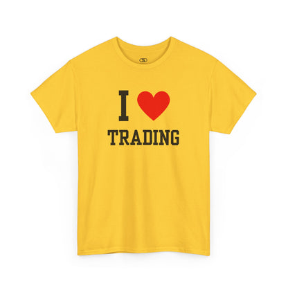A minimalist t-shirt featuring the "I Love  design with the text "I," a red heart symbol, and the word "Trading" underneath.