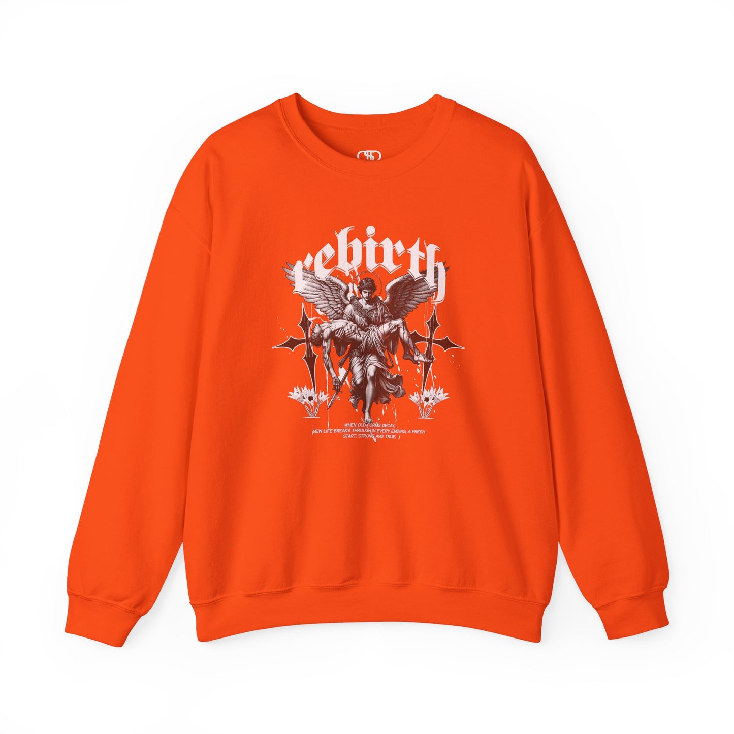 An orange Sweater featuring an Angel carrying a figure with "Rebirth" text, white and black gothic spiritual art apparel.