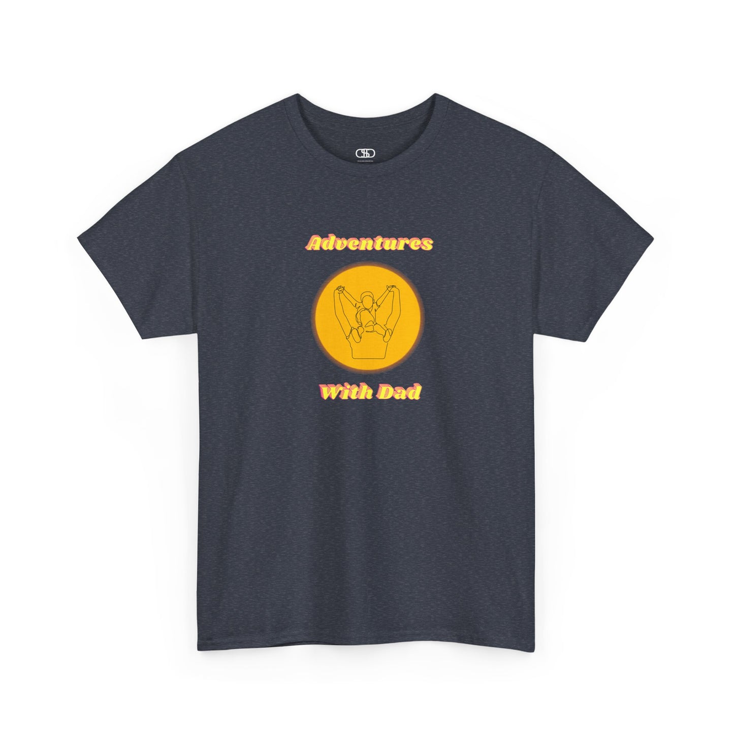 A heather Navy T-shirt with a graphic of a dad holding a child's hands on their shoulders and "Adventures With Dad" text.