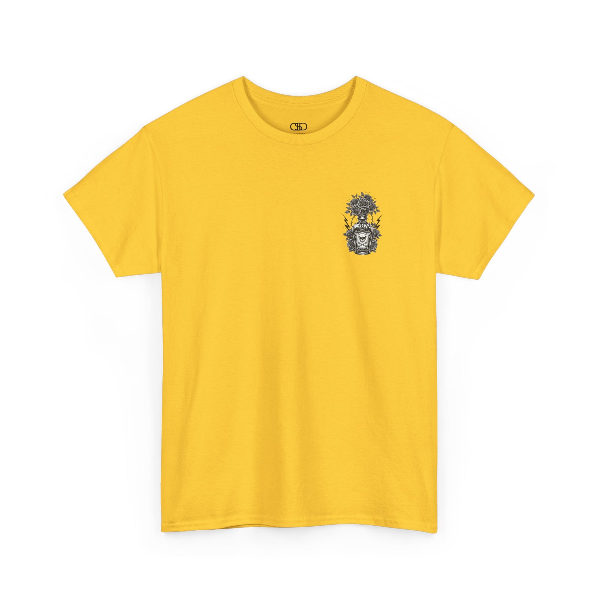 A daisy t-shirt with a skull and crossbones vase filled with roses and the words “Surviving Purely Out of Spite” in a gothic font.