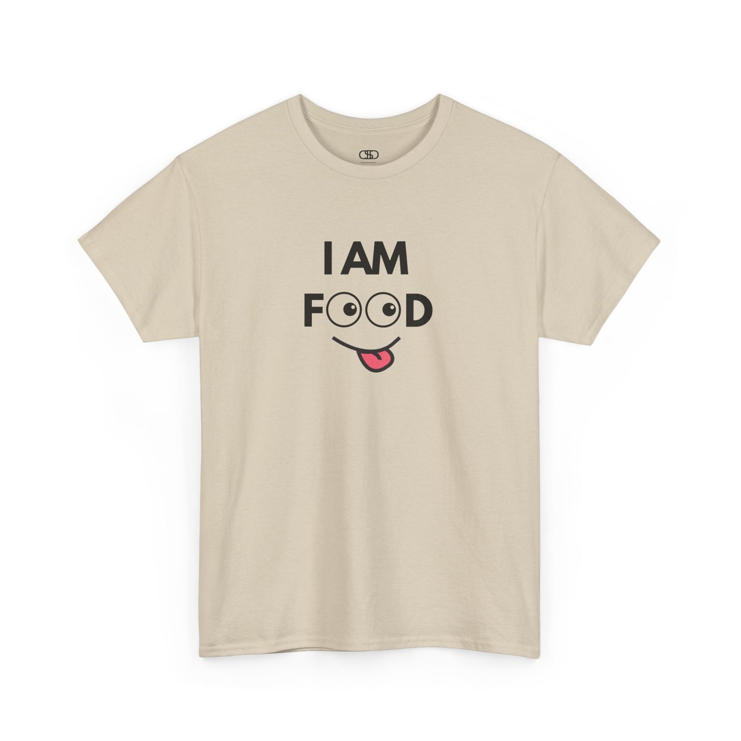 A sand T-shirt with "I AM FOOD" text, where the 'OO' are cartoon eyes, and a tongue-out graphic.