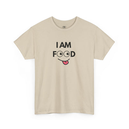 A sand T-shirt with "I AM FOOD" text, where the 'OO' are cartoon eyes, and a tongue-out graphic.