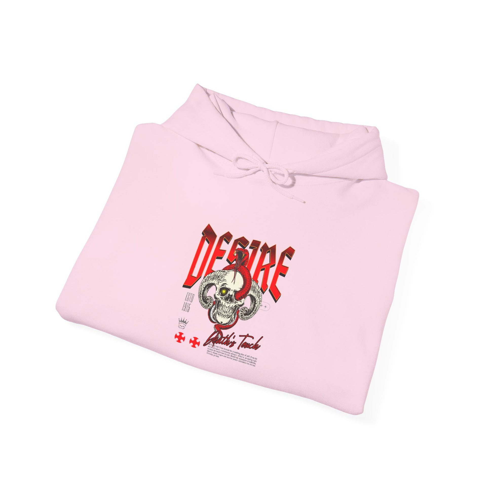 A folded light pink hoodie featuring a Horned skull with glowing eye and red snake wrapped around it, "Desire Death's Touch" text, gothic hoodie design.