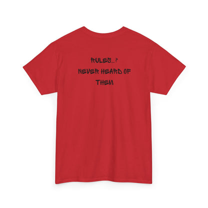 a RED t-shirt with small rock hand symbol on front, and "Rules.. Never Heard of Them" graffiti text on the back.