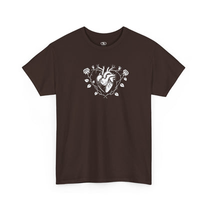 Dark brown t-shirt with a heart surrounded by thorn vines, red roses, and green leaves graphic.
