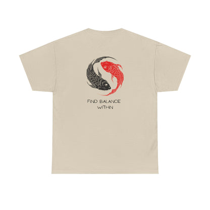  Back of a t-shirt showing two swimming koi fish in red and black, arranged in a harmonious circle above the words "find balance within."