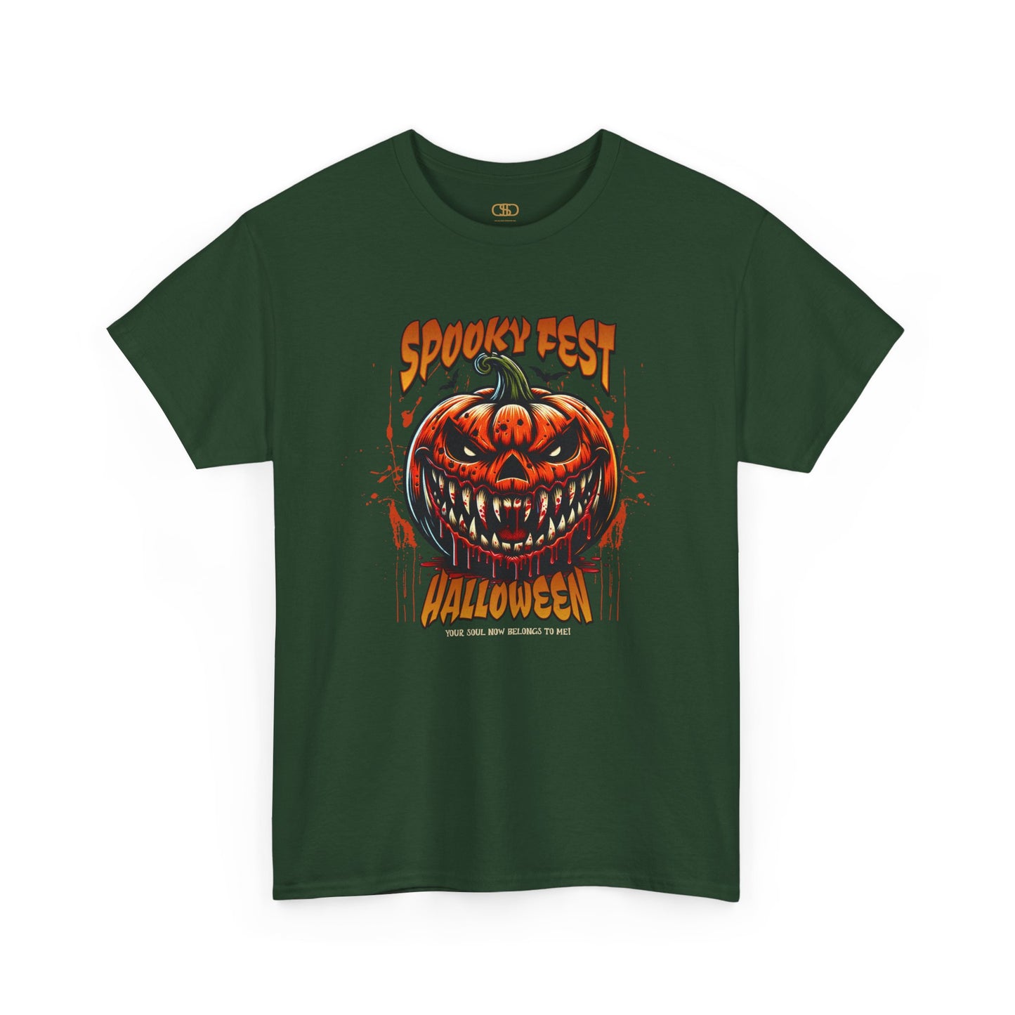 A forest green t-shirt featuring a Scary fanged jack-o'-lantern with "Spooky Fest Halloween Your Soul Now Belongs To Me!" text, orange and black horror t-shirt.