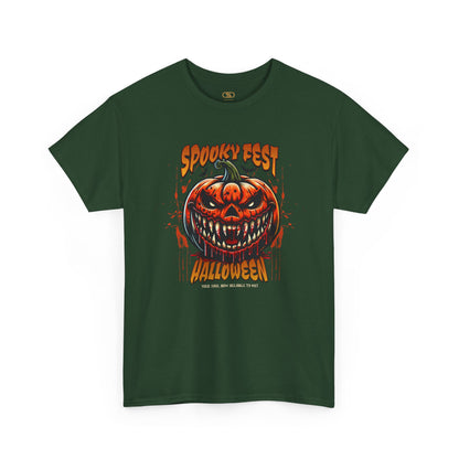 A forest green t-shirt featuring a Scary fanged jack-o'-lantern with "Spooky Fest Halloween Your Soul Now Belongs To Me!" text, orange and black horror t-shirt.