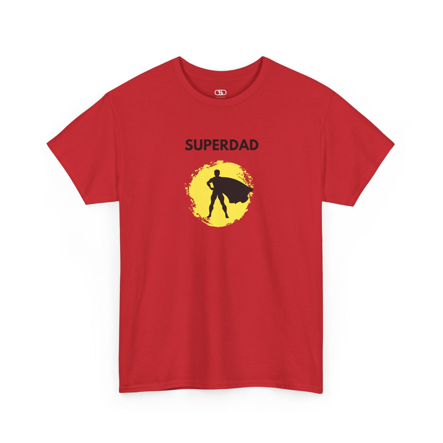 A red T-shirt with a "Superdad" text and a silhouette of a person with a cape on a yellow circle background.