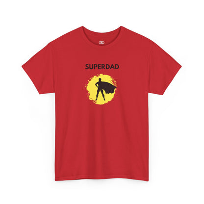 A red T-shirt with a "Superdad" text and a silhouette of a person with a cape on a yellow circle background.