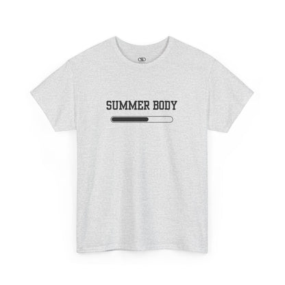 An ash gray t-shirt with a loading bar and “Summer Body” on the front and “I left my summer body at home I prefer not to show off” on the back.