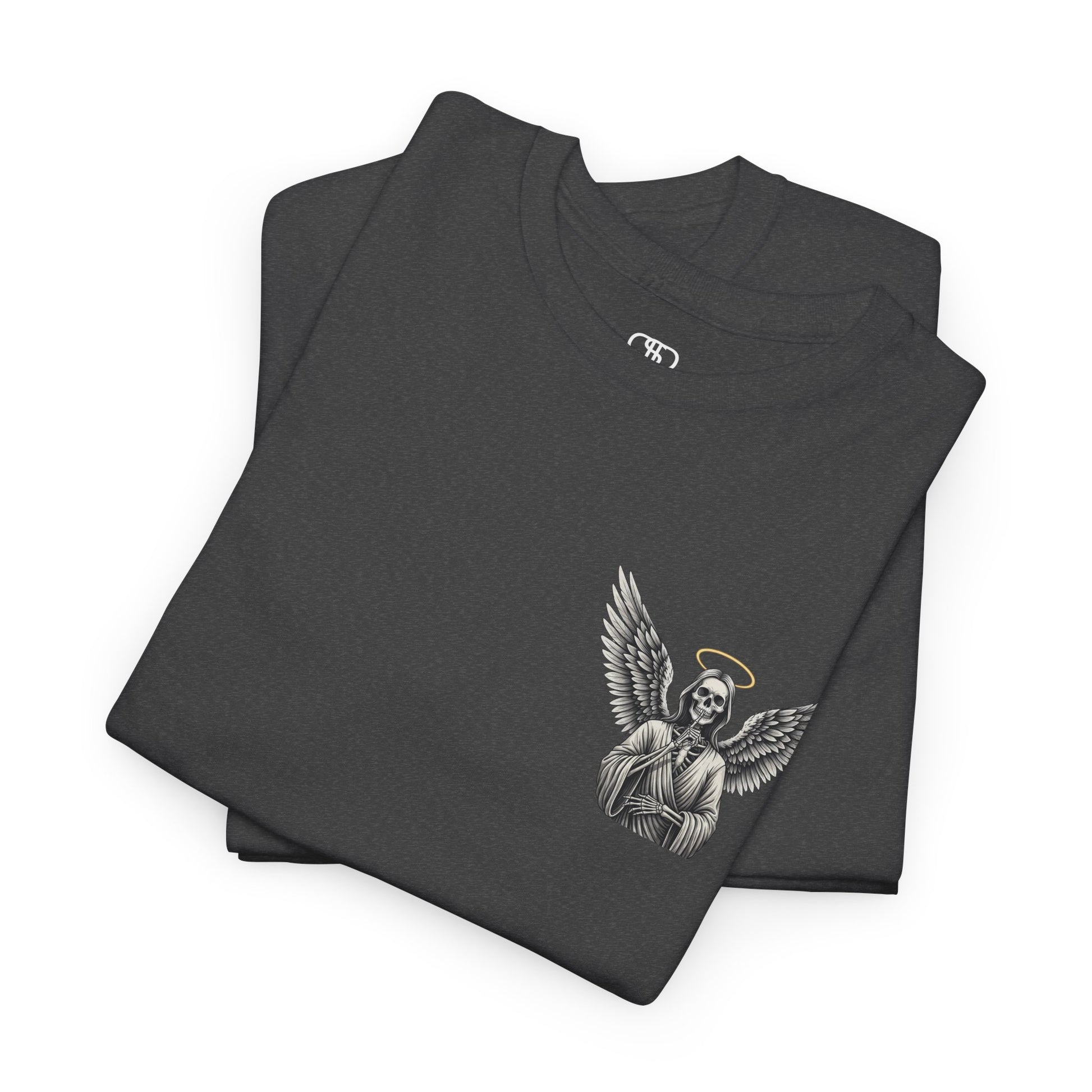 A folded heather gray t-shirt with a skeleton angel on the front and the phrase “Shh. No one Cares” on the back.