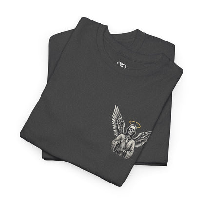 A folded heather gray t-shirt with a skeleton angel on the front and the phrase “Shh. No one Cares” on the back.