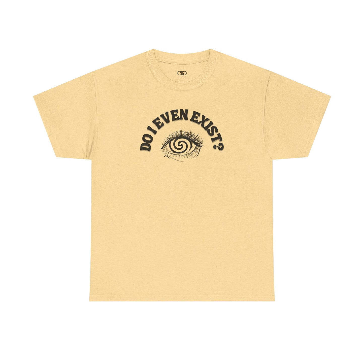 T-shirt with an eyeball and a mind-bending optical illusion and the text "Do I even exist?"