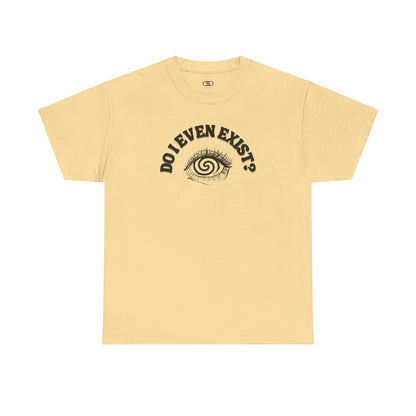 T-shirt with an eyeball and a mind-bending optical illusion and the text "Do I even exist?"