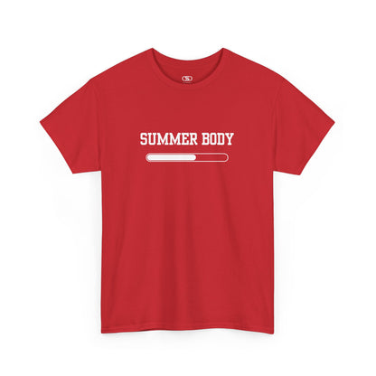A red t-shirt with a loading bar and “Summer Body” on the front and “I left my summer body at home I prefer not to show off” on the back.