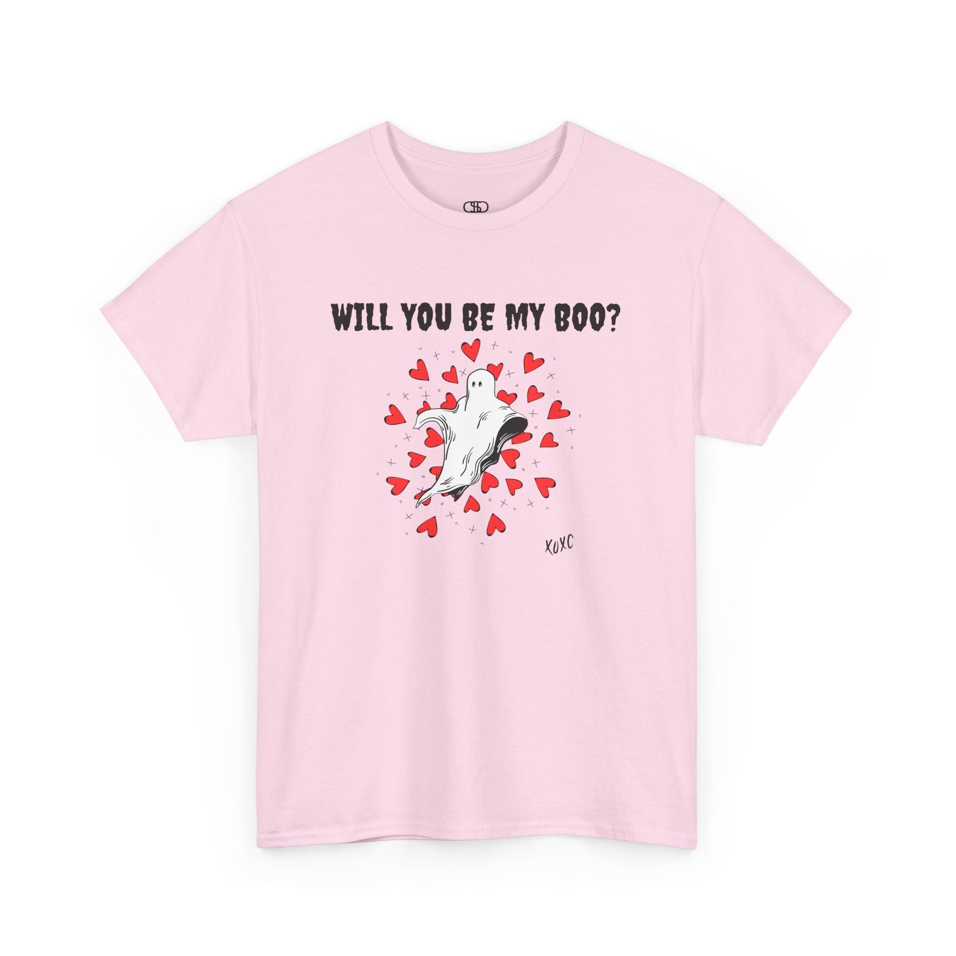  A t-shirt featuring a cute floating ghost surrounded by bursting hearts. At the top of the design, the text reads, "Will You Be my Boo?"