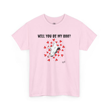  A t-shirt featuring a cute floating ghost surrounded by bursting hearts. At the top of the design, the text reads, "Will You Be my Boo?"