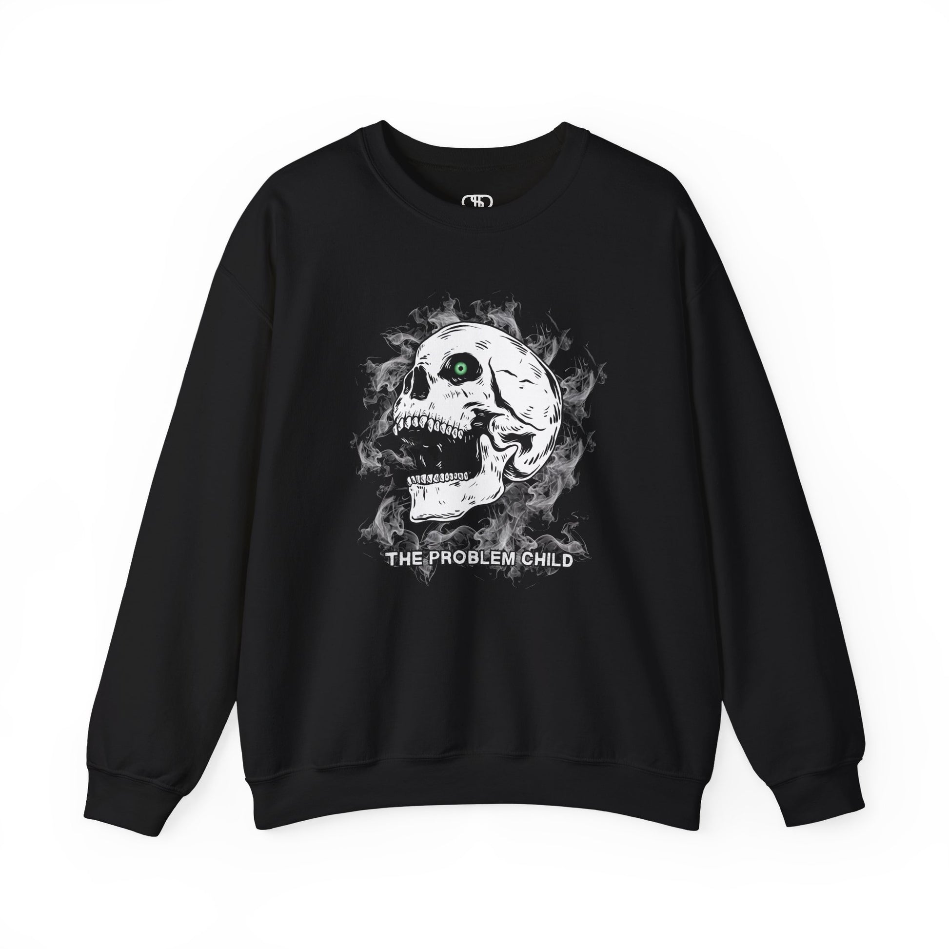  Sweater featuring a skull with green eye surrounded by smoke and the words “The Problem Child”